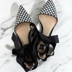 White House Black Market Gingham Flats with Black Ribbon